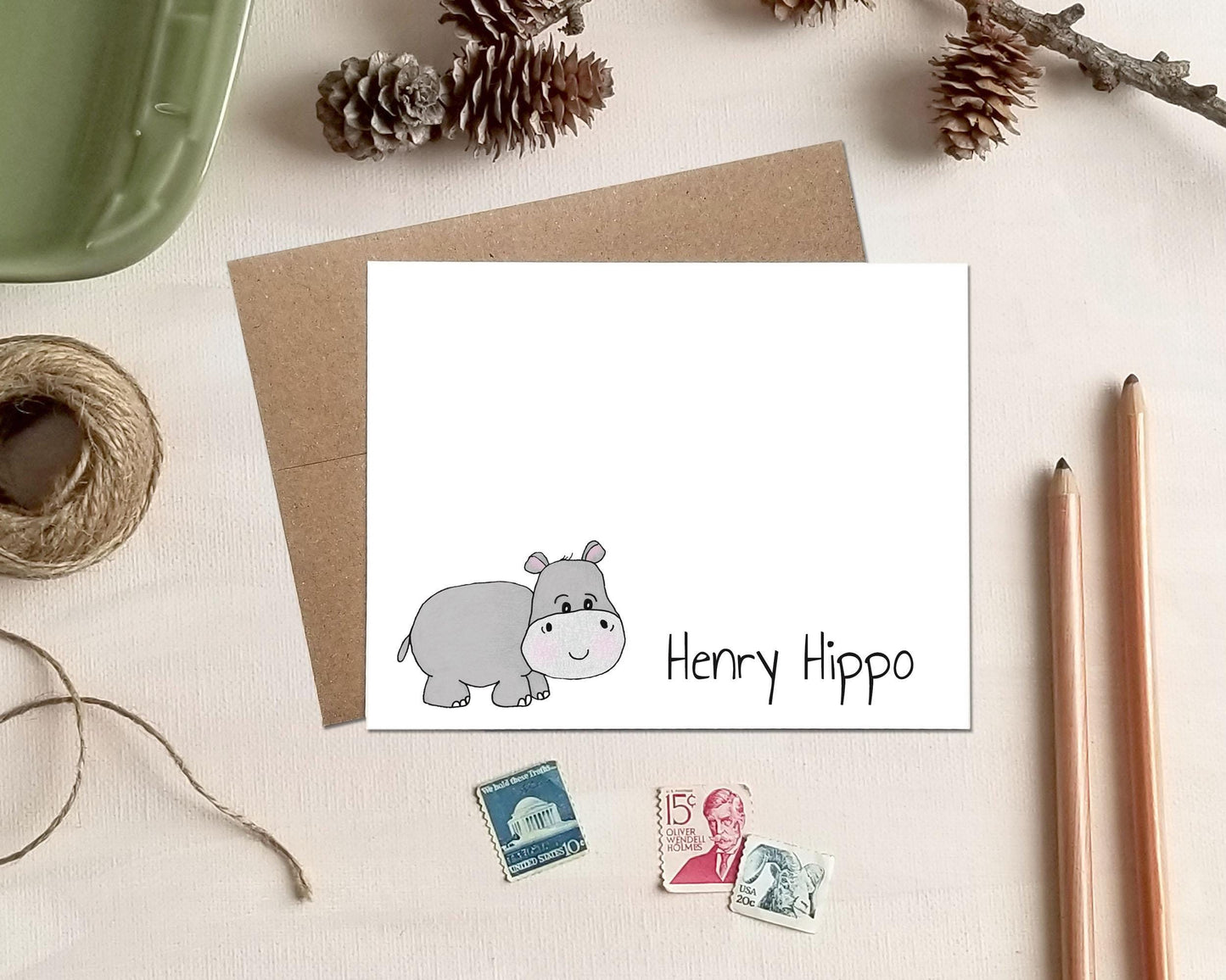 Hippo Note Cards - Personalized Zoo Animal Stationery for Kids