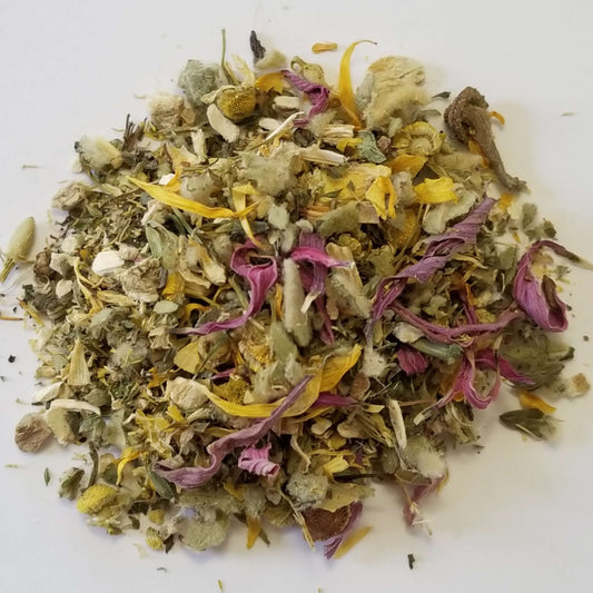 A mixture of dried herbs and flowers, likely ingredients for a cough soothing tea blend.